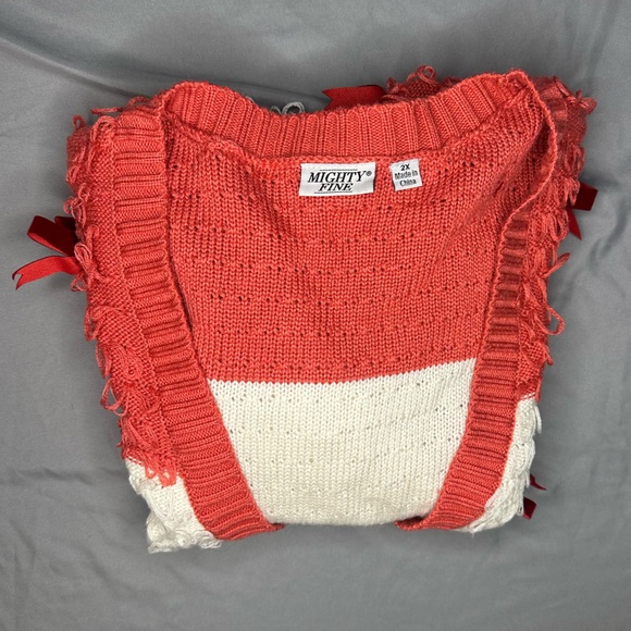 Mighty Fine Vintage Red and White Women's Eyelet Cardigan with Velvet Bows - Picture 5 of 8